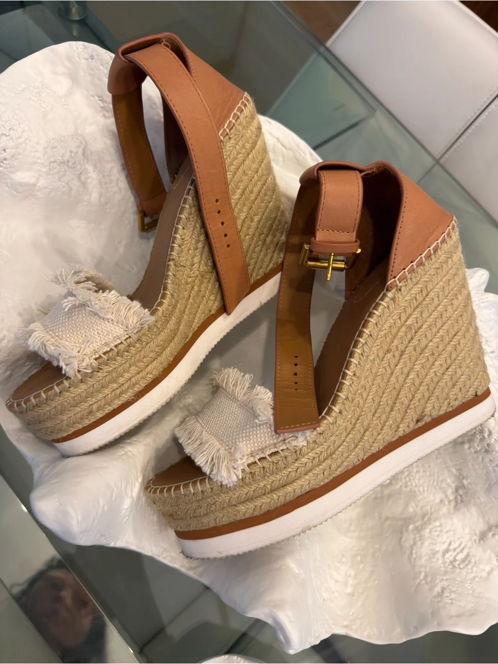 Chloe Tan and Cream Espadrille Wedge Sandals